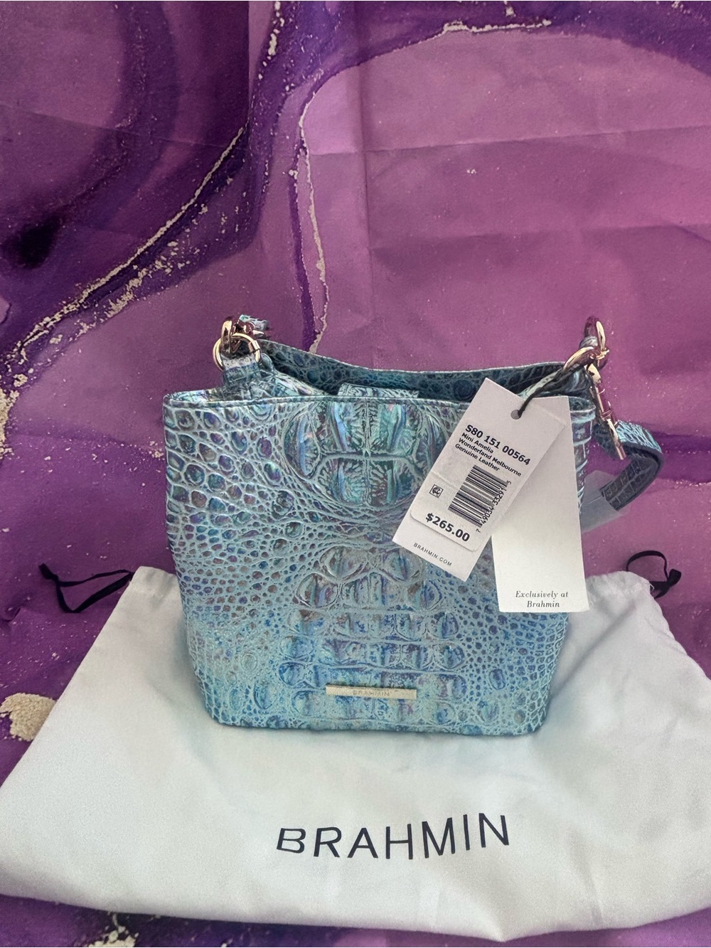 Brahmin Iridescent (Wonderland) Croc-Embossed Top-Handle Mini Bucket Satchel